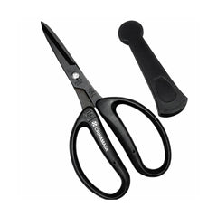 CHIKAMASA CRI-360SFBK heavy-duty Japanese pruning scissors with black ergonomic handles and serrated stainless steel blades for cutting thick stems, bonsai wire, floristry wire and precision garden trimming.