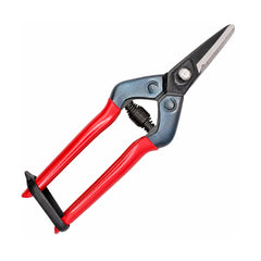 CHIKAMASA E-6C Japanese pruning shears with jagged carbon steel blades, red ergonomic handles and coil spring mechanism for precision garden pruning, bonsai trimming, hydroponics and horticulture work.