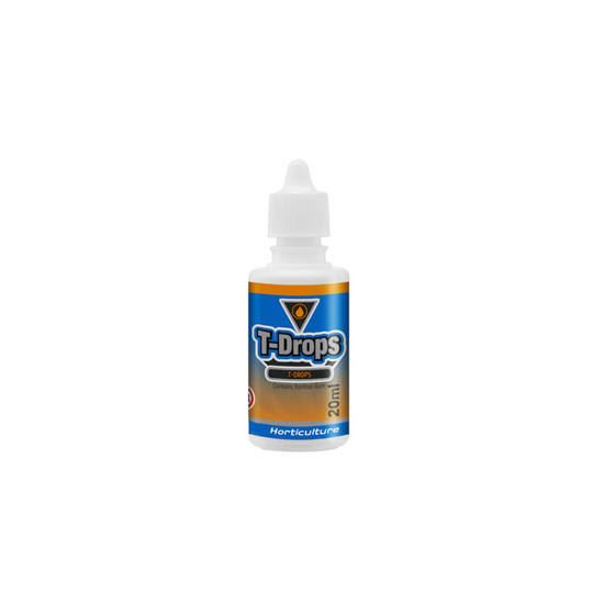 T-Drops 20ml CSS horticulture bottle with blue and orange label for hydroponic pest control.