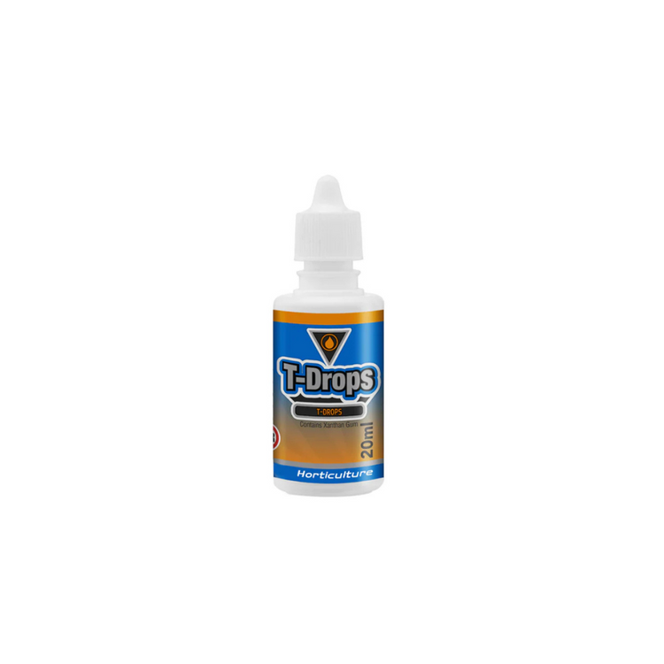 T-Drops 20ml CSS horticulture bottle with blue and orange label for hydroponic pest control.