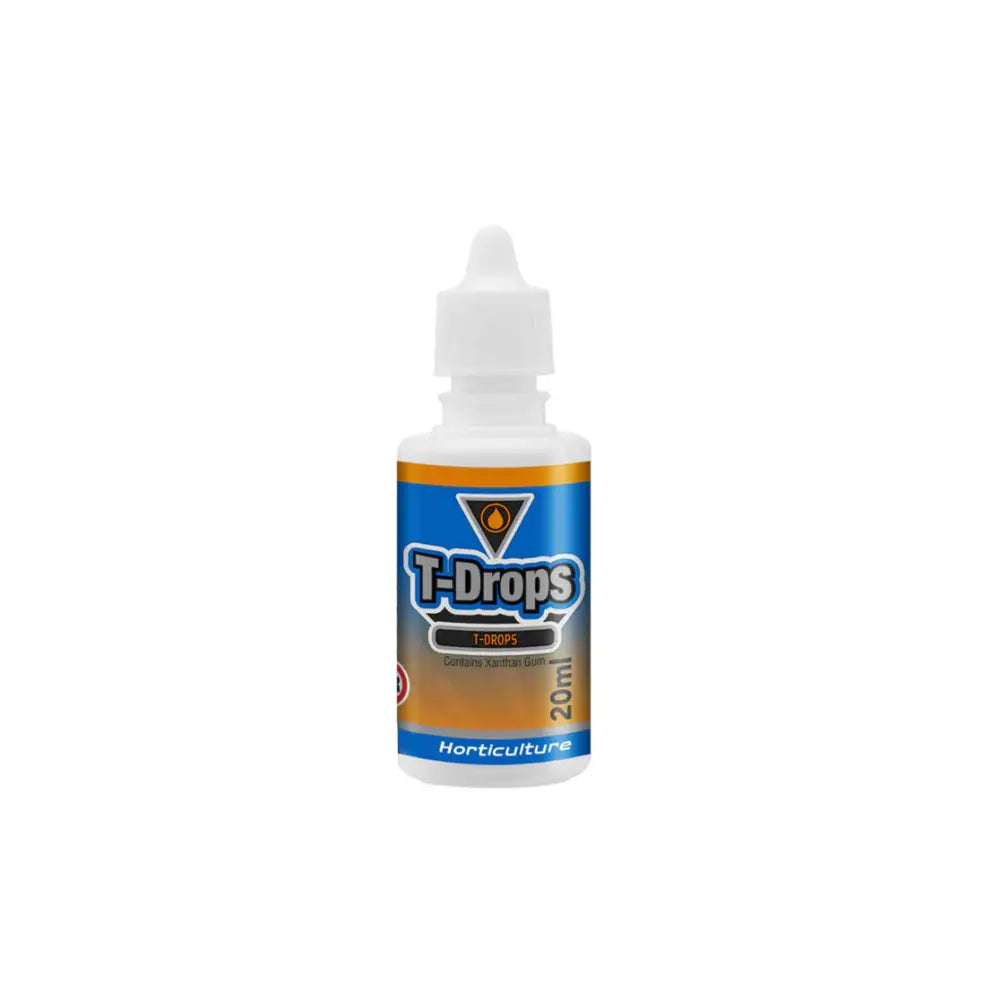 T-Drops 20ml CSS horticulture bottle with blue and orange label for hydroponic pest control.