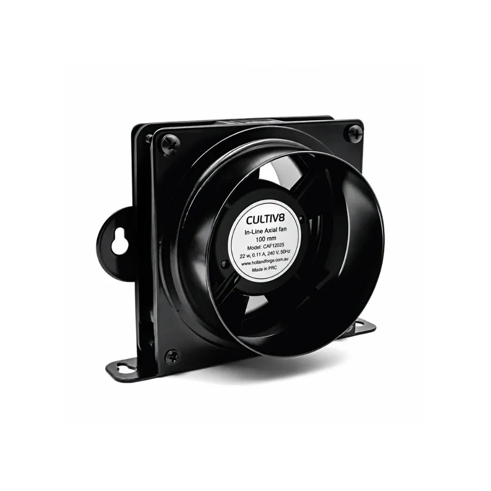 CULTIV8 100mm inline fan with steel body for hydroponic grow room ventilation and propagation tent airflow.