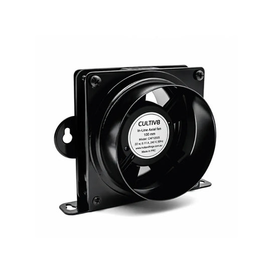 CULTIV8 100mm inline fan with steel body for hydroponic grow room ventilation and propagation tent airflow.