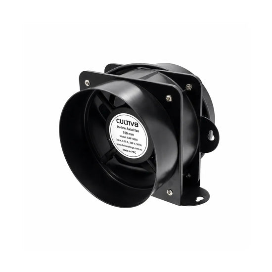 CULTIV8 150mm inline fan for hydroponic grow rooms with quiet, energy-efficient airflow and ventilation control.