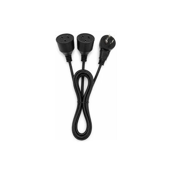 Black CULTIV8 1 metre dual outlet split extension lead with two Australian sockets for hydroponic heat mats, pads and thermostat controllers.