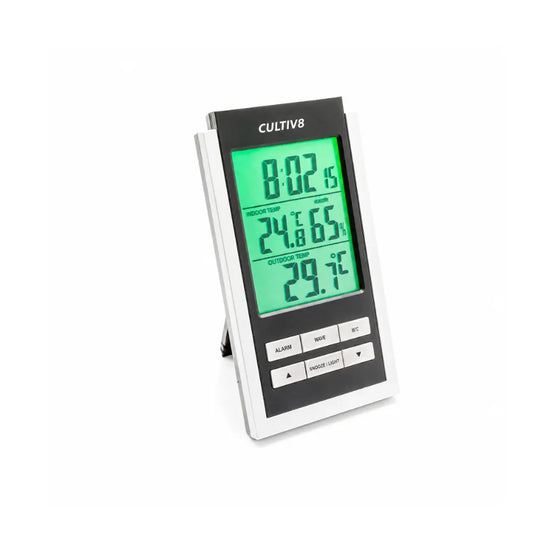 CULTIV8 digital thermo hygrometer with temperature and humidity monitor for grow tents, hydroponic systems and indoor grow rooms