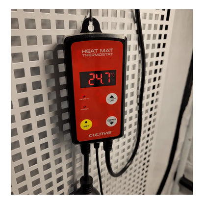 CULTIV8 digital thermostat controller for heat mats and heat bars showing root zone temperature control for hydroponic propagation.