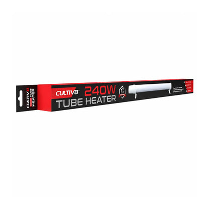 CULTIV8 120cm 240W tube heater retail packaging. For grow rooms, hydroponic systems and greenhouses with efficient low-profile climate control heating