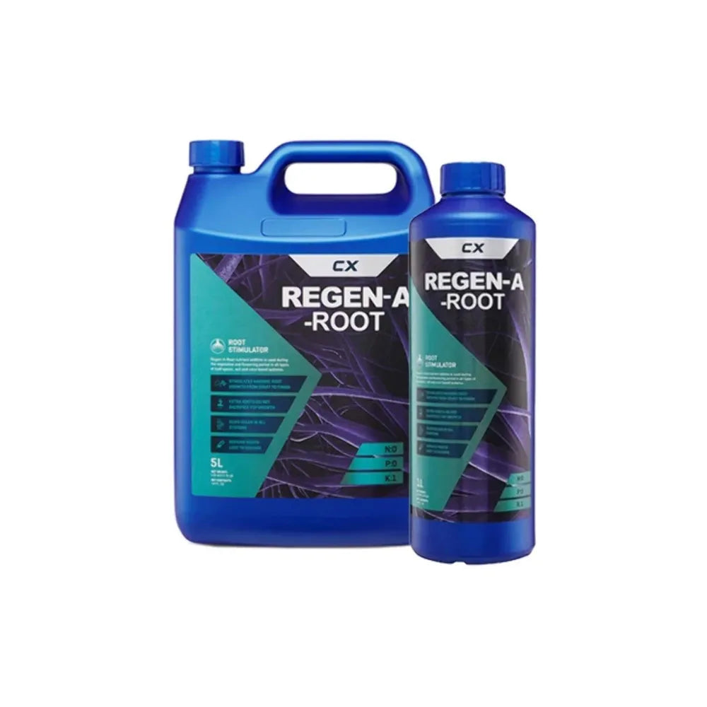 CX Horticulture Regen-A-Root root stimulator bottles 5L and 1L, plant root growth enhancer nutrient solution for hydroponics and soil gardening