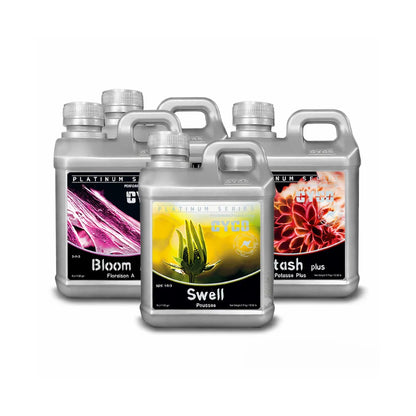 CYCO Bloom Plus Pack with 1L bottles of Bloom A, Bloom B, Potash Plus and Swell, a hydroponic flowering nutrient kit