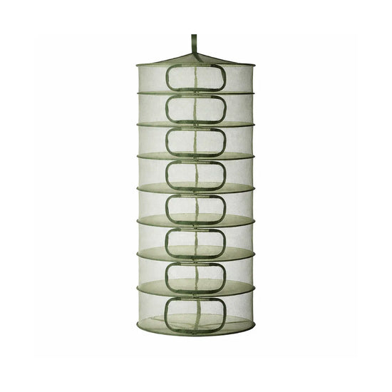 GEOPOT 8-tier flower drying rack in green mesh, hanging herb drying net for buds, flowers and indoor grow tent use.