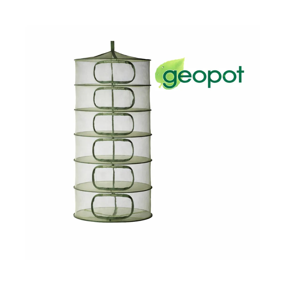 GEOPOT 6-tier flower drying rack in green mesh, hanging herb and bud drying net for indoor grow room use.