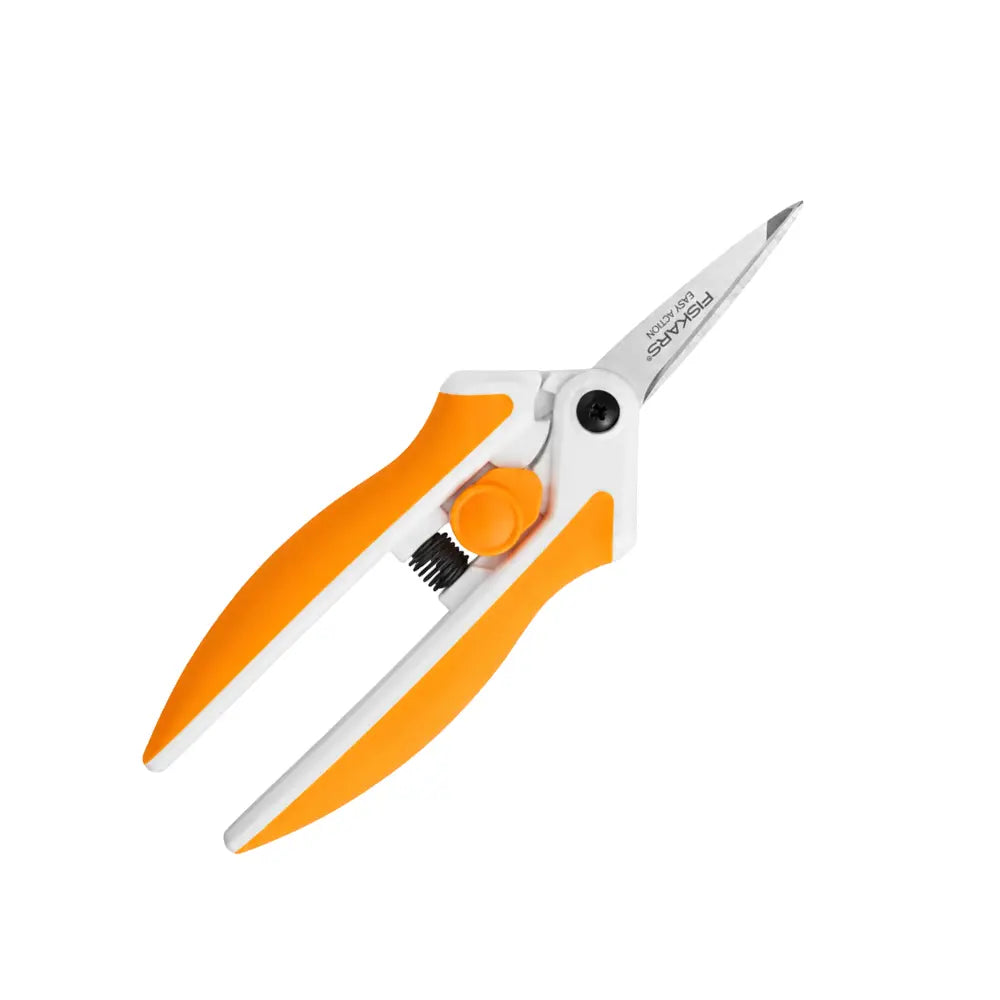Fiskars No.5 Easy Action Micro-Tip snips for herb trimming, shown closed with orange Softgrip handles