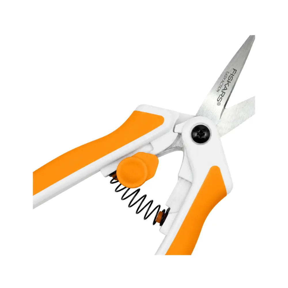 Fiskars No.5 Micro-Tip snips with blades open for precise herb harvesting and delicate plant trimming