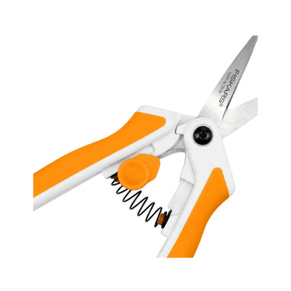 Fiskars No.5 Micro-Tip snips with blades open for precise herb harvesting and delicate plant trimming