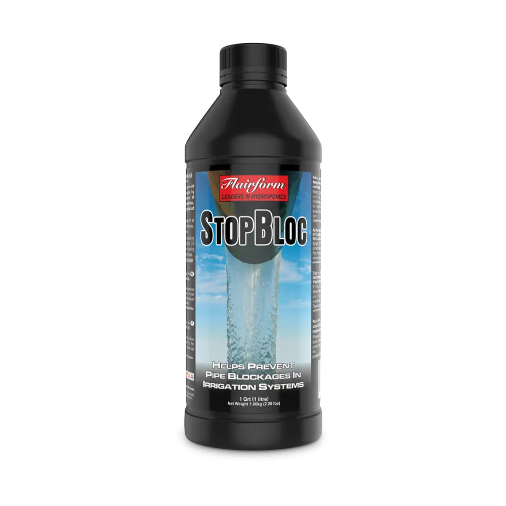 Flairform StopBloc hydroponic irrigation cleaner bottle, prevents pipe blockages and maintains nutrient system flow, 1L liquid treatment for drip systems and hydro setups