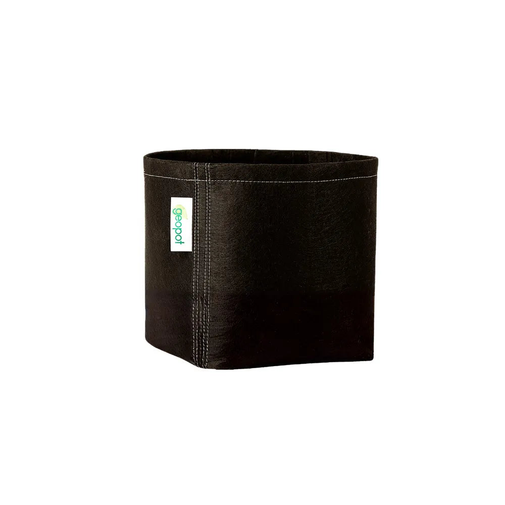 GEOPOT 2L / 0.5 Gallon black fabric grow pot with breathable geo-textile material for air pruning roots, promoting healthier plant growth and improved root development.