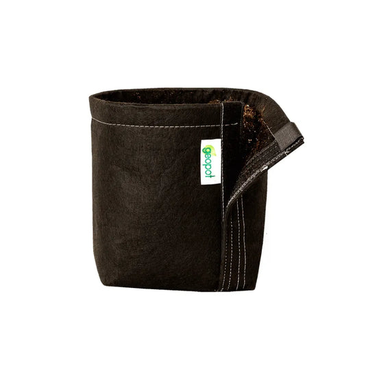 GEOPOT 12L / 3 Gallon black fabric grow pot with breathable geo-textile fabric and carry handles, designed for air pruning roots and healthier plant growth.
