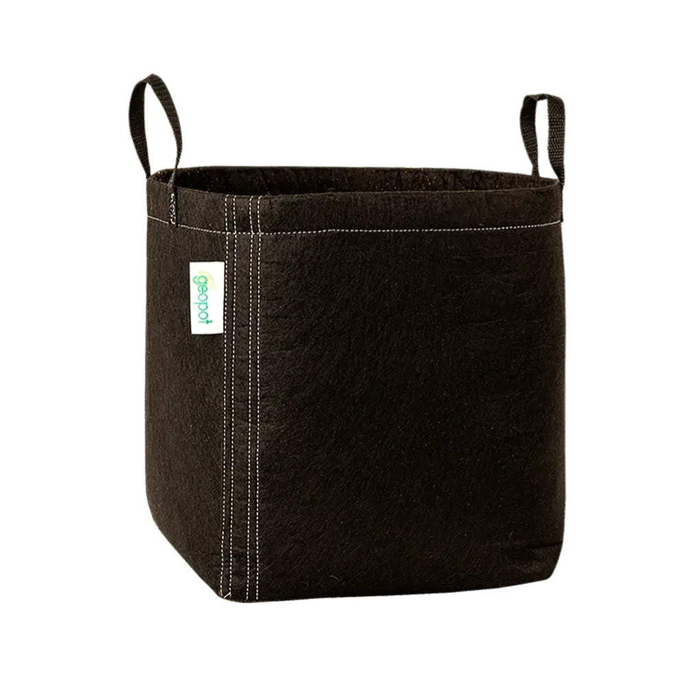 GEOPOT 380L / 100 Gallon black fabric grow pot with handles and breathable geo-textile fabric, designed for air pruning roots and vigorous plant growth.