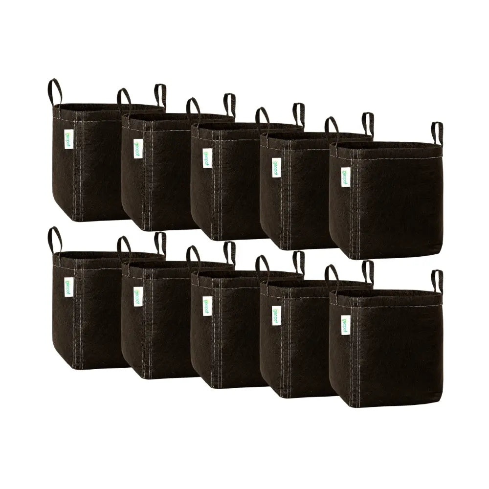 GeoPot 38L 10 gallon fabric grow pots 10 pack, two rows of five black pots with handles and breathable fabric