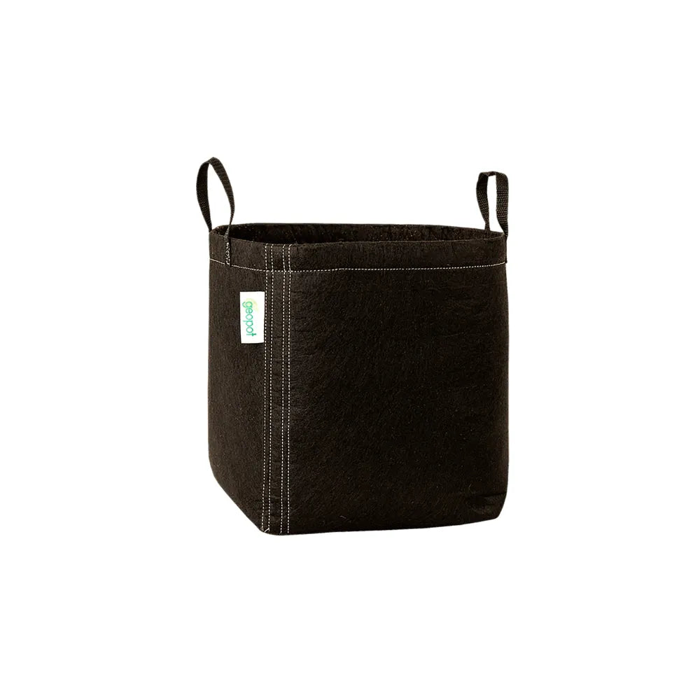 GEOPOT 38L / 10 Gallon black fabric grow pot with handles and breathable geo-textile fabric, designed for air pruning roots and vigorous plant growth.