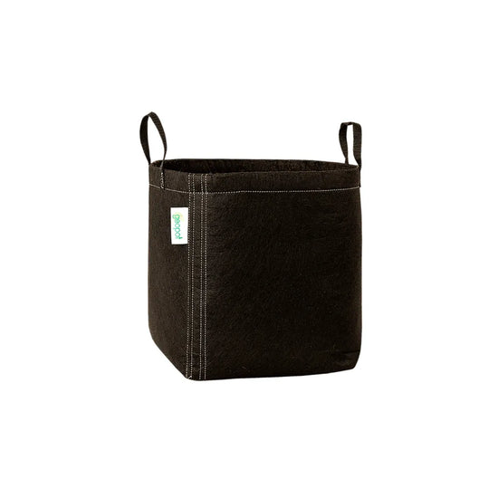 GEOPOT 38L / 10 Gallon black fabric grow pot with handles and breathable geo-textile fabric, designed for air pruning roots and vigorous plant growth.