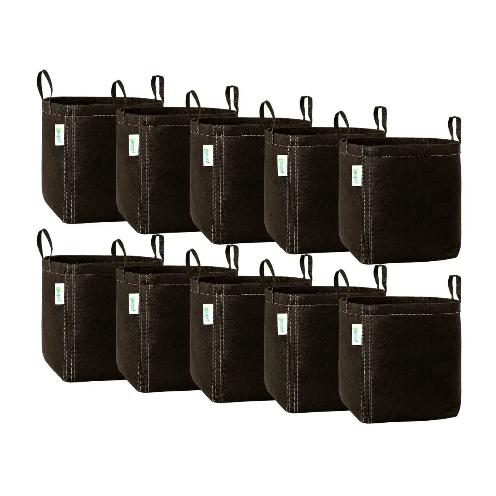 GeoPot 57L 15 gallon fabric grow pots 10 pack, two rows of five black pots with handles and breathable fabric