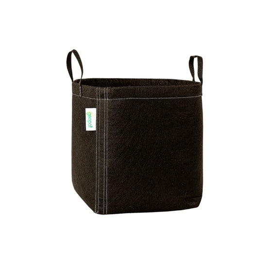 GEOPOT 57L / 15 Gallon black fabric grow pot with handles and breathable geo-textile fabric, designed for air pruning roots and vigorous plant growth.