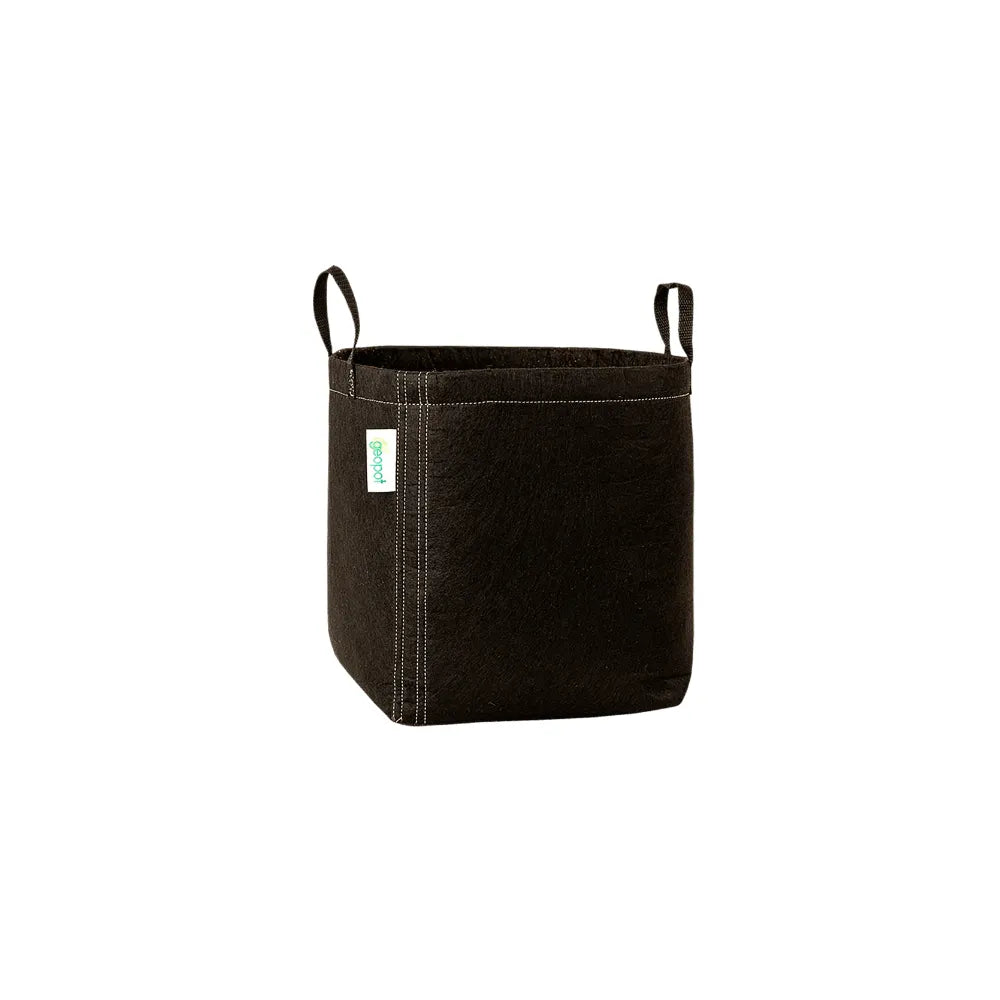 GEOPOT 19L / 5 Gallon black fabric grow pot with handles and breathable geo-textile fabric, designed for air root pruning, drainage and healthier plant growth.