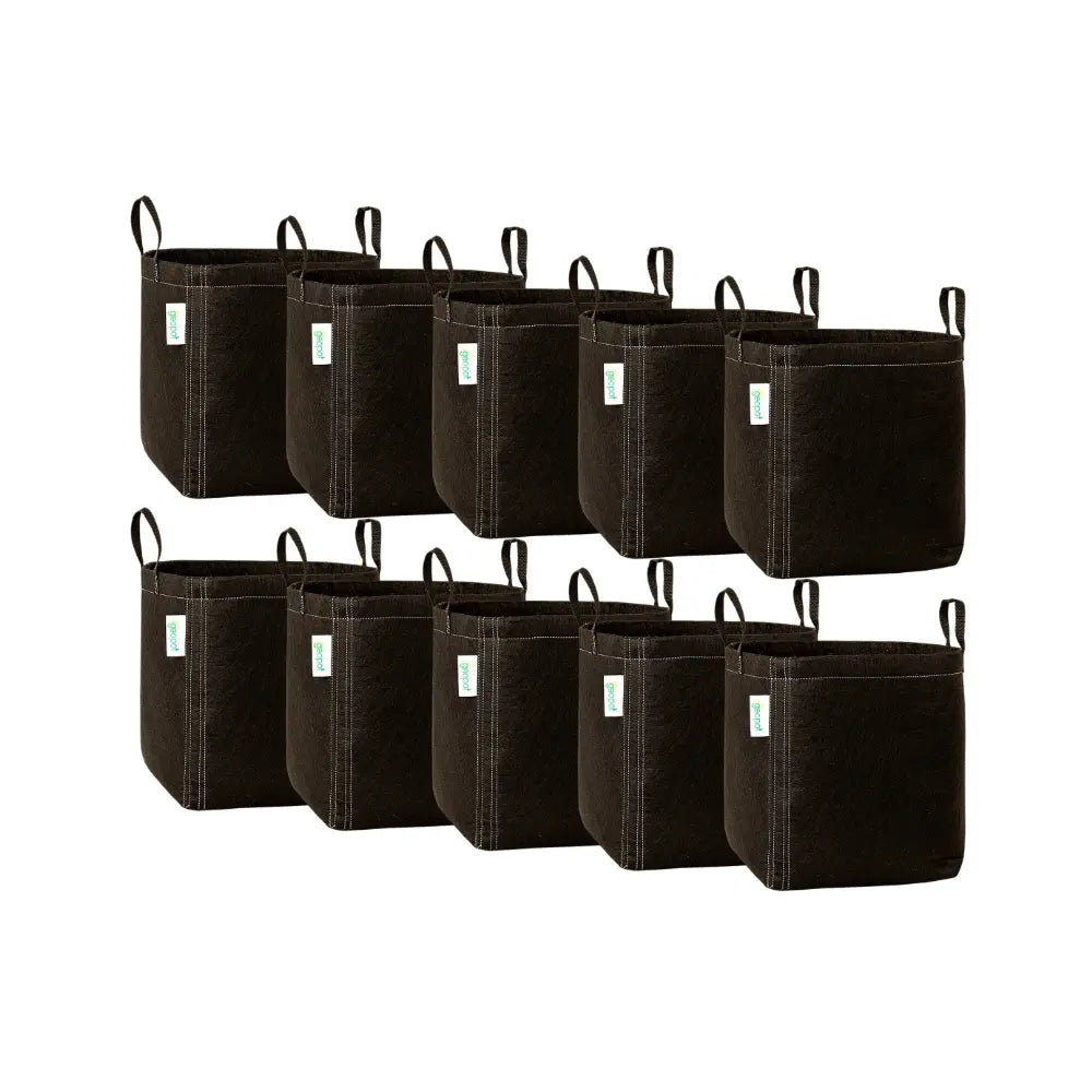 GeoPot 26L / 7 Gallon fabric grow pot 10 pack, two rows of black breathable pots with twin handles for air pruning