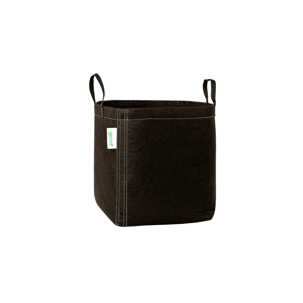 GEOPOT 26L / 7 Gallon black fabric grow pot with handles and breathable geo-textile fabric, designed for air pruning roots and vigorous plant growth.