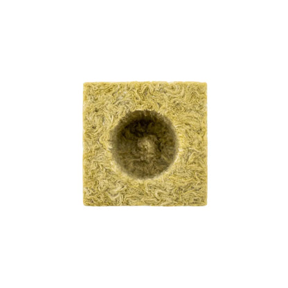 Top view of Grodan Delta 4G rockwool cube showing central hole, ideal hydroponic grow block for seedlings and cuttings