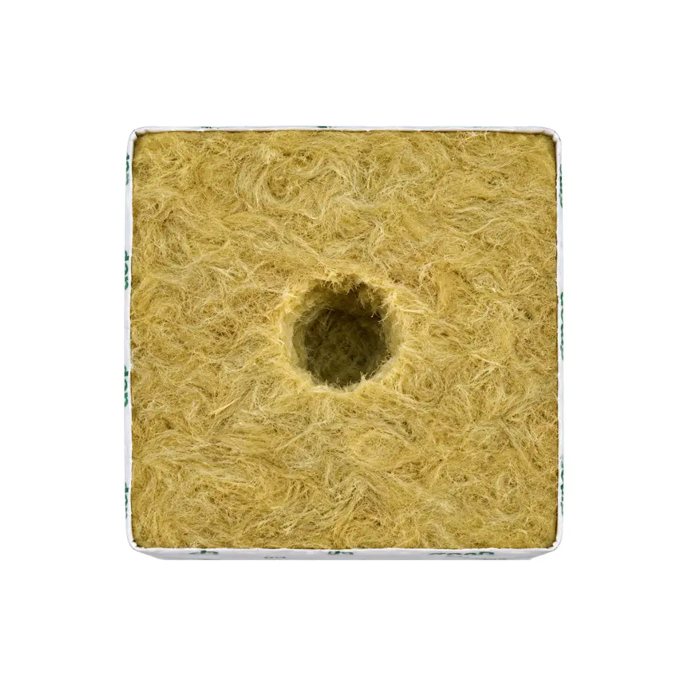 Top view of GRODAN Hugo rockwool grow block with 40mm centre planting hole and white wrap, 150mm hydroponic cube