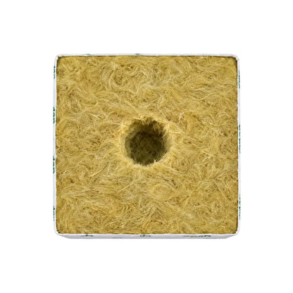 Top view of GRODAN Hugo rockwool grow block with 40mm centre planting hole and white wrap, 150mm hydroponic cube