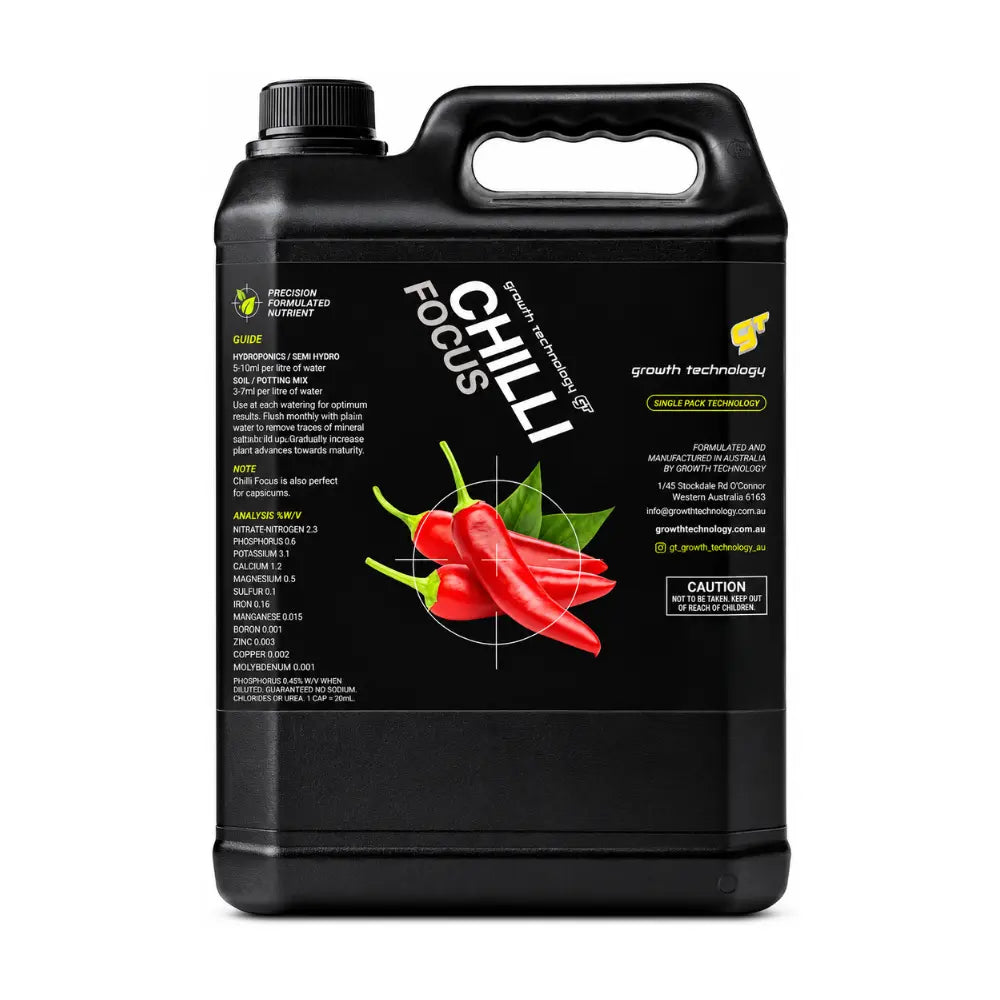 Growth Technology Chilli Focus 5L nutrient for chillies and capsicums in hydroponics, coco and potting mix