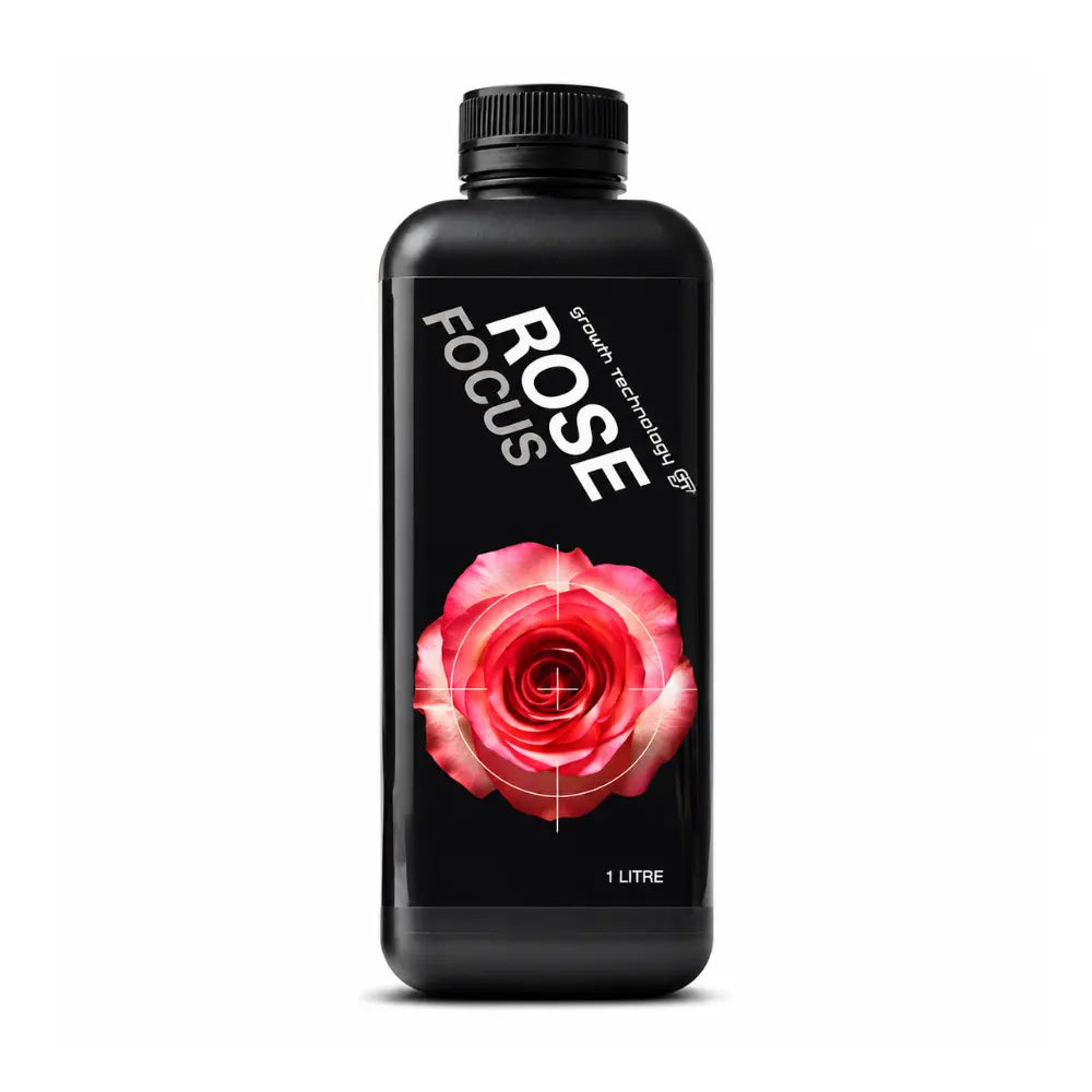 Growth Technology Rose Focus 1L rose nutrient for hydroponics, soil and potting mix, with a pink rose on the label
