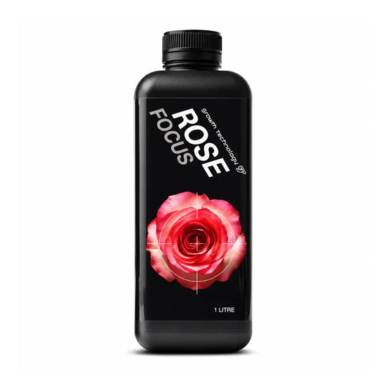 Growth Technology Rose Focus 1L rose nutrient for hydroponics, soil and potting mix, with a pink rose on the label