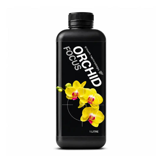 Growth Technology Orchid Focus 1L orchid nutrient for hydroponics and potting mix, with yellow orchid label art
