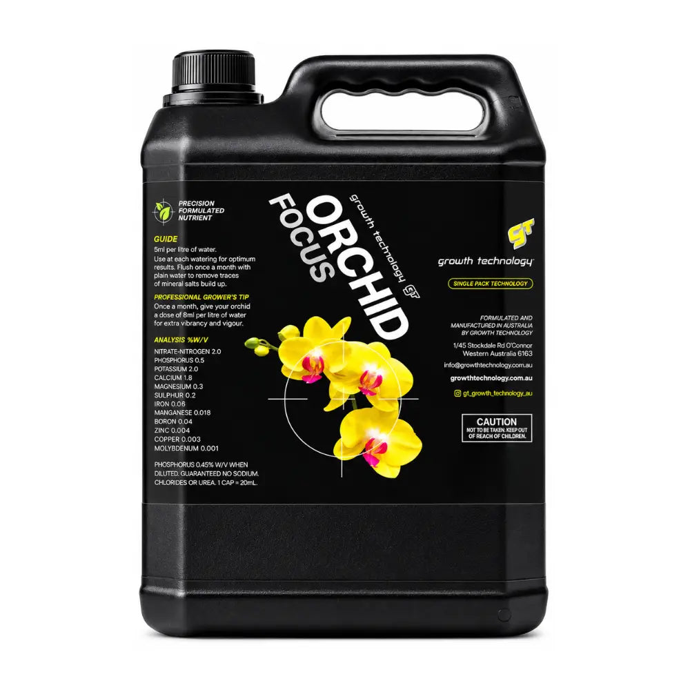 Growth Technology Orchid Focus 5L orchid nutrient, urea-free and pH buffered, for orchids and bromeliads