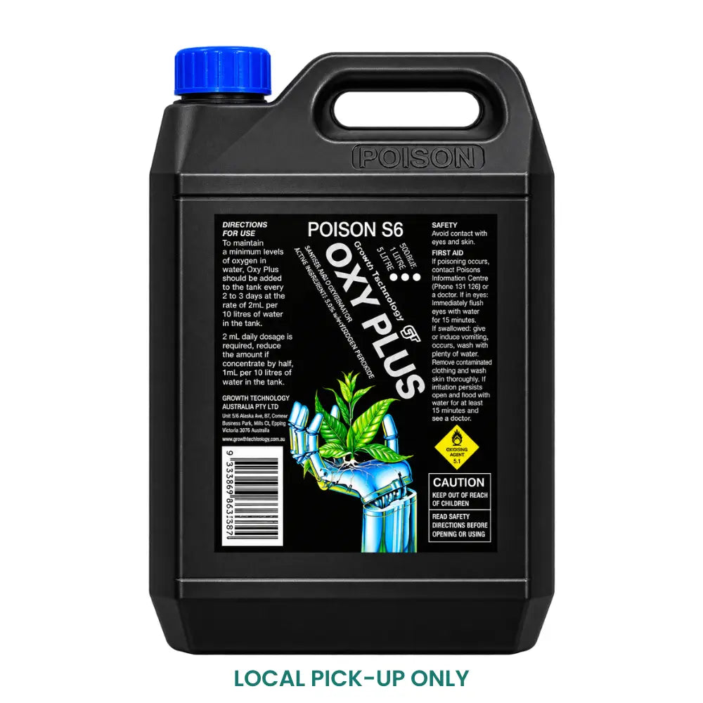 OXY-PLUS Hydrogen Peroxide 50g/L 5L container by Growth Technology, hydroponic system cleaner and oxygen enhancer for plant roots