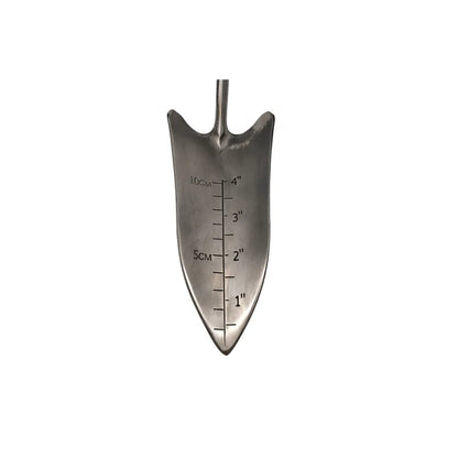 Metal gardening tool with measurement markings on a white background