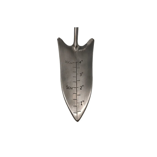 Metal gardening tool with measurement markings on a white background