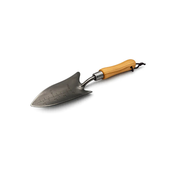 Gardening trowel with tapered blade and wooden handle on a white background