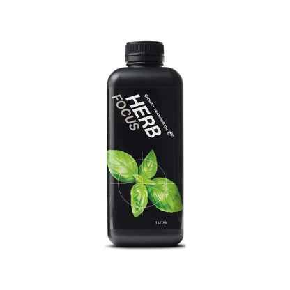 Growth Technology Herb Focus 1L nutrient solution for herbs, black container with basil leaf label, plant fertiliser for hydroponics and soil gardening.