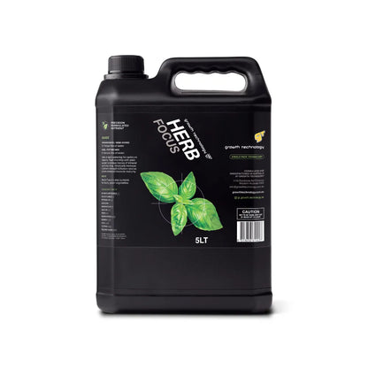 Growth Technology Herb Focus 5L nutrient solution for herbs, black container with basil leaf label, plant fertiliser for hydroponics and soil gardening.