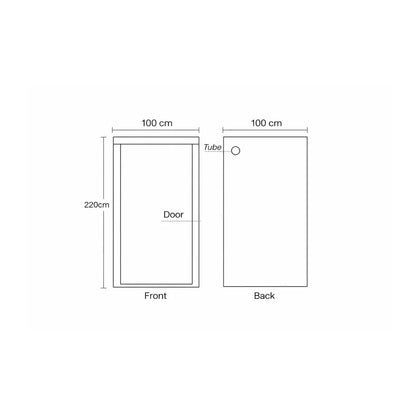 Homebox Ambient Q100+ grow tent front and rear dimensions diagram, 100 x 100 x 220 cm indoor plant grow tent layout