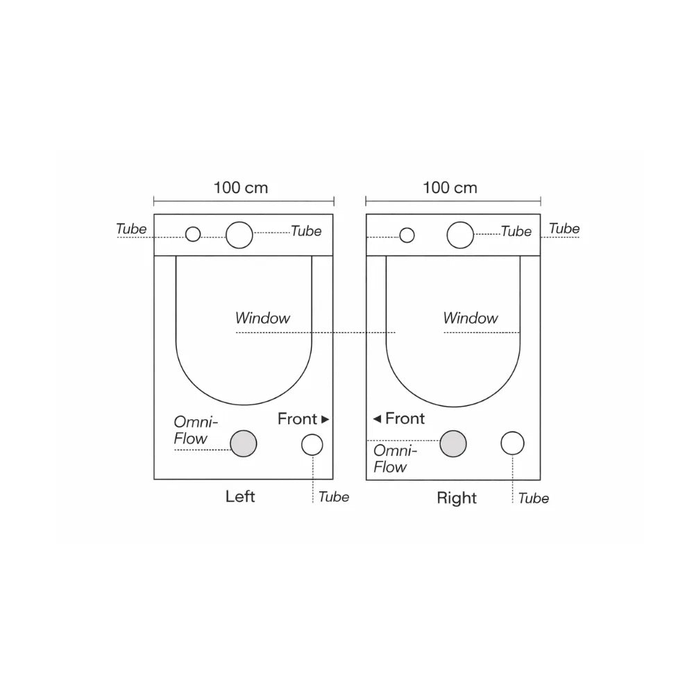 Homebox Ambient Q100+ grow tent side panels with observation windows, ducting tube ports and Omni-Flow air vents for indoor hydroponic growing setup