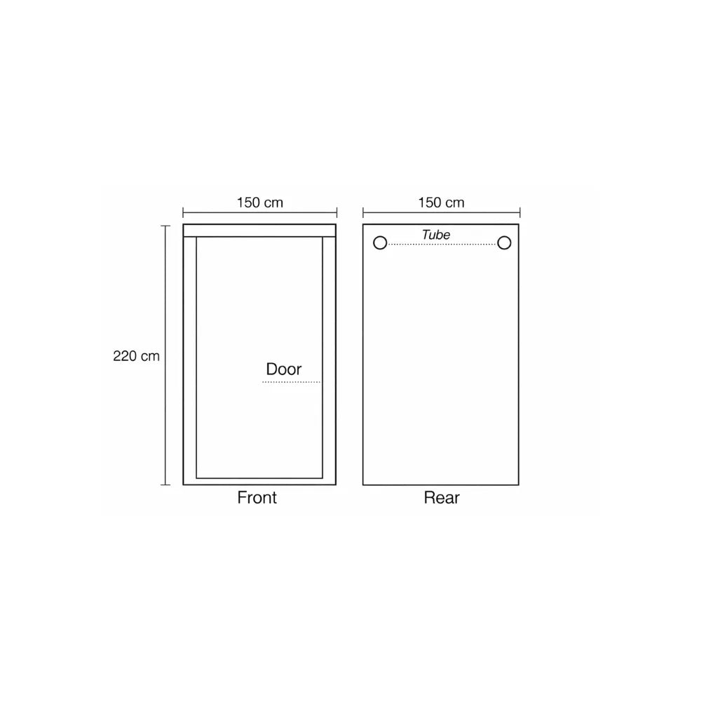 Homebox Ambient Q150+ grow tent front and rear dimensions diagram, 150 cm width and depth, 220 cm height indoor hydroponic grow room layout