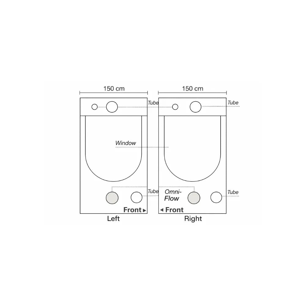 Homebox Ambient Q150+ grow tent side panel diagram with viewing window, ducting ports and Omni-Flow air vents for indoor plant growing setup