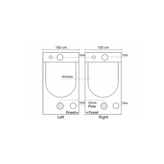 Homebox Ambient Q150+ grow tent side panel diagram with viewing window, ducting ports and Omni-Flow air vents for indoor plant growing setup